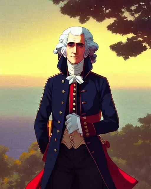 Image similar to Anime as George Washington. Handsome face. Warm smile. Realistic shaded. Perfect face. Fine details. Anime. Realistic shaded lighting. During golden hour!!! Ilya Kuvshinov. Katsuhiro Otomo. Ghost in the shell. Magali Villeneuve. artgerm. Jeremy Lipkin. Michael Garmash. Rob Rey,