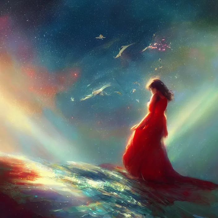 Image similar to glimmering whale, young girl in red dress, cosmos, milky way galaxy, golden hour, god rays, coral reef, dreamscape by artgerm and ruan jia and ismail inceoglu and greg olsen, masterpiece, beautiful, intricate, elegant, highly detailed