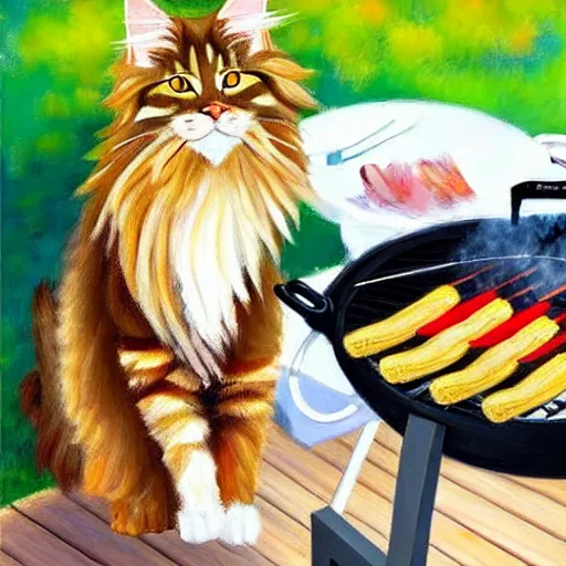 Image similar to beautiful impressionist painting of an ginger maine coon with a white beard cooking a bbq outside