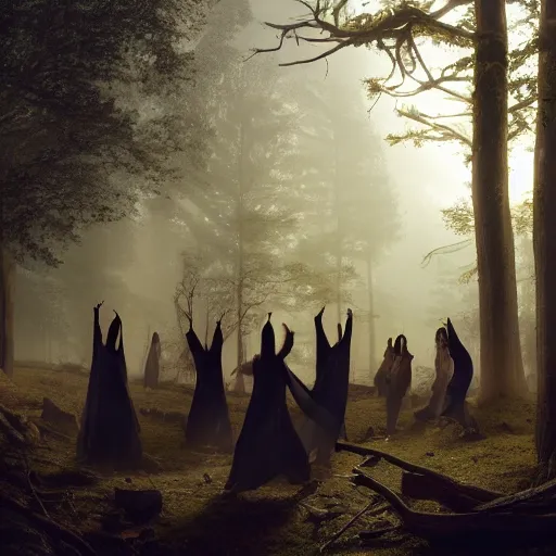 Prompt: A panoramic photograph of witches dancing in robes and drinking around a campfire at night in a misty forest grove, large landscape with a village in the valley, stars overhead, glowing eyes in the dark, by Greg Rutkowski, 4k photorealistic, volumetric lighting, HD, high details, dramatic, trending on artstation