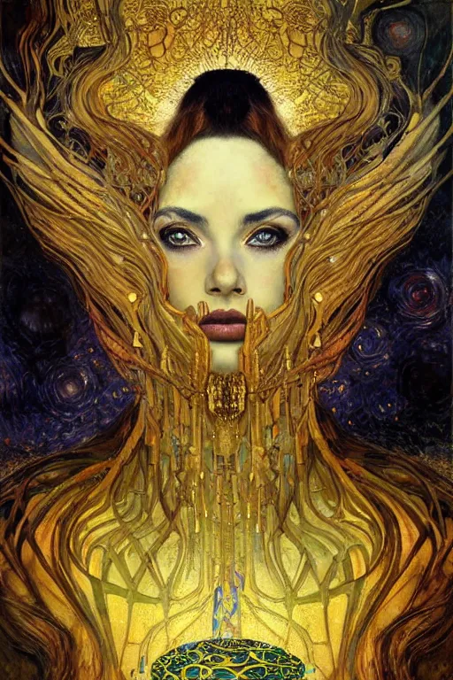 Image similar to Intermittent Chance of Chaos Muse by Karol Bak, Jean Deville, Gustav Klimt, and Vincent Van Gogh, beautiful Surreality portrait, enigma, Loki's Pet Project, destiny, Poe's Angel, fate, inspiration, muse, otherworldly, fractal structures, arcane, ornate gilded medieval icon, third eye, spirals