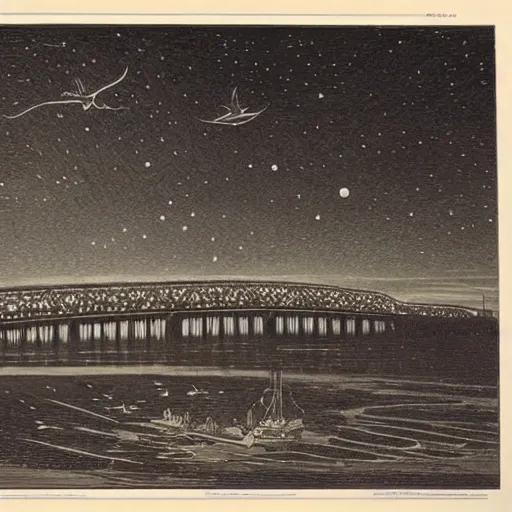 Image similar to The print shows a group of flying islands, each with its own unique landscape, floating in the night sky. The islands are connected by a network of bridges, and a small group of people can be seen walking along one of the bridges. by Franklin Booth artificial, melancholic