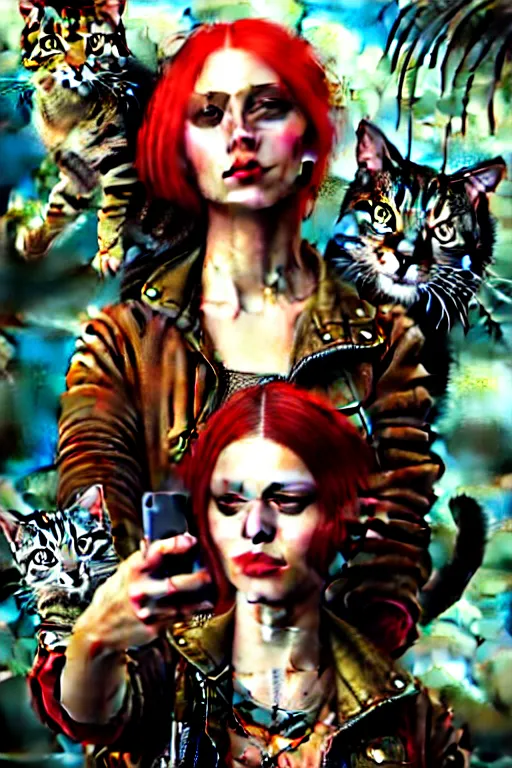 Prompt: punk rock girls making selfie with cats and smoking in jungle , mad max jacket, post apocalyptic, renaissance, highly detailed, digital painting, oil painting by Leonardo Da Vinci, hyper realistic style, fantasy by Olga Fedorova