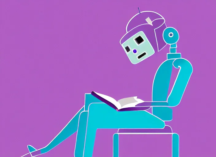 Image similar to professional illustration of the robot reading the book, violet color palette, sharp, 4K
