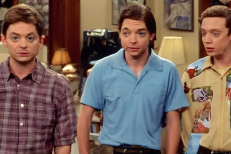 Prompt: topher grace in that 7 0 s show meeting tobey maguire and eminem, screencap, 4 k