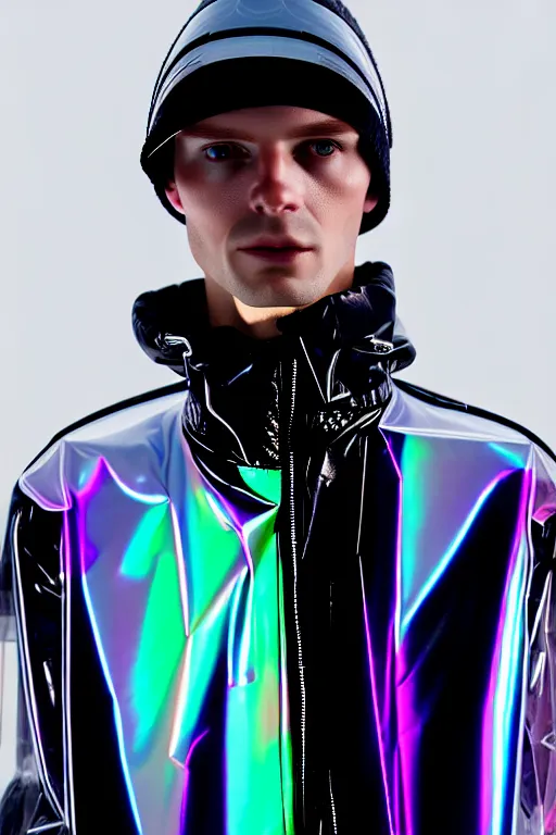 Image similar to an ultra high definition professional high fashion portrait studio full length photograph of a male model wearing a transparent pearlescent raincoat and neon visor in an icelandic black rock environment at dawn. no artefacts. extremely detailed. stark. refraction. shallow depth of field. volumetric light and shadow. ray tracing. light rays.