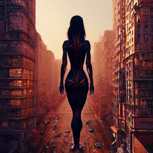 Prompt: detailed intricate digital illustration by greg rutkowski and artgerm and wlop and sanford robinson gifford ; anatomical human veins loom over city intersection ; 1 3 mm film, arri alfa anamorphic lens ; sharp focus ; golden hour, trending on artstation 8 k