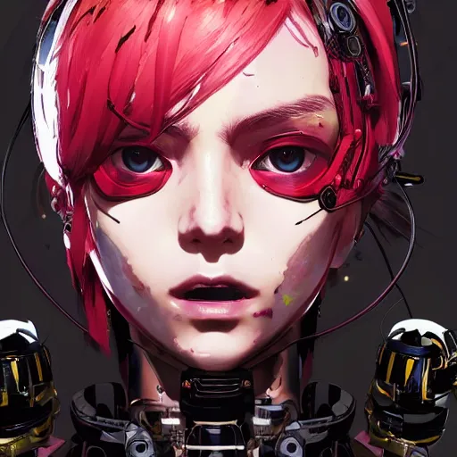 Prompt: highly detailed portrait of a post-cyberpunk robotic young lady with cybernetic face mods by Akihiko Yoshida, Greg Tocchini, Greg Rutkowski, Cliff Chiang, 4k resolution, persona 5 inspired, vibrant pink,brown, yellow, white and black color scheme with sparking stray wiring