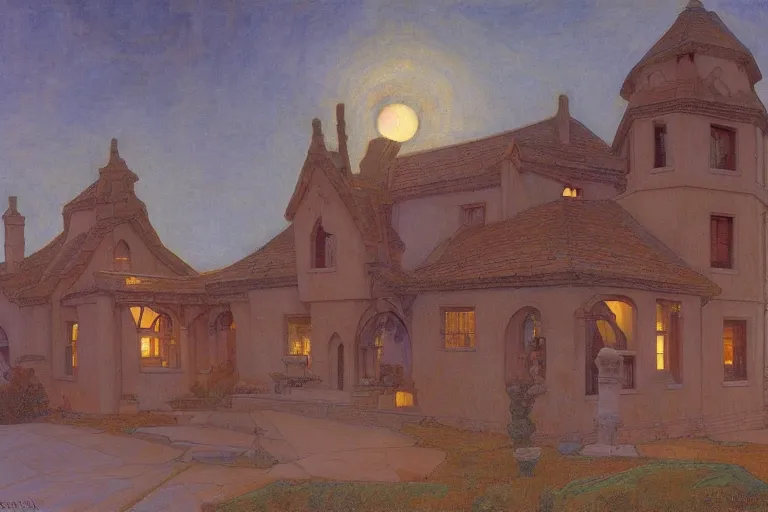 Prompt: beautiful stone house at twilight by Annie Swynnerton and Nicholas Roerich and jean delville, strong dramatic cinematic lighting , ornate tiled architecture, lost civilizations, smooth, sharp focus, extremely detailed