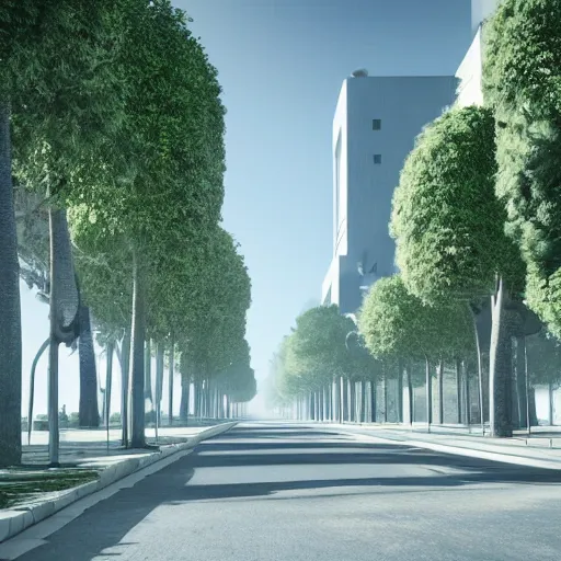 Prompt: A peaceful and quiet futuristic city with empty streets and not a soul in sight. It's eerily quiet and the only sound is the wind blowing through the trees 3d render, volumetric lighting, extremely detailed, unreal engine, 8k UHD, HDR