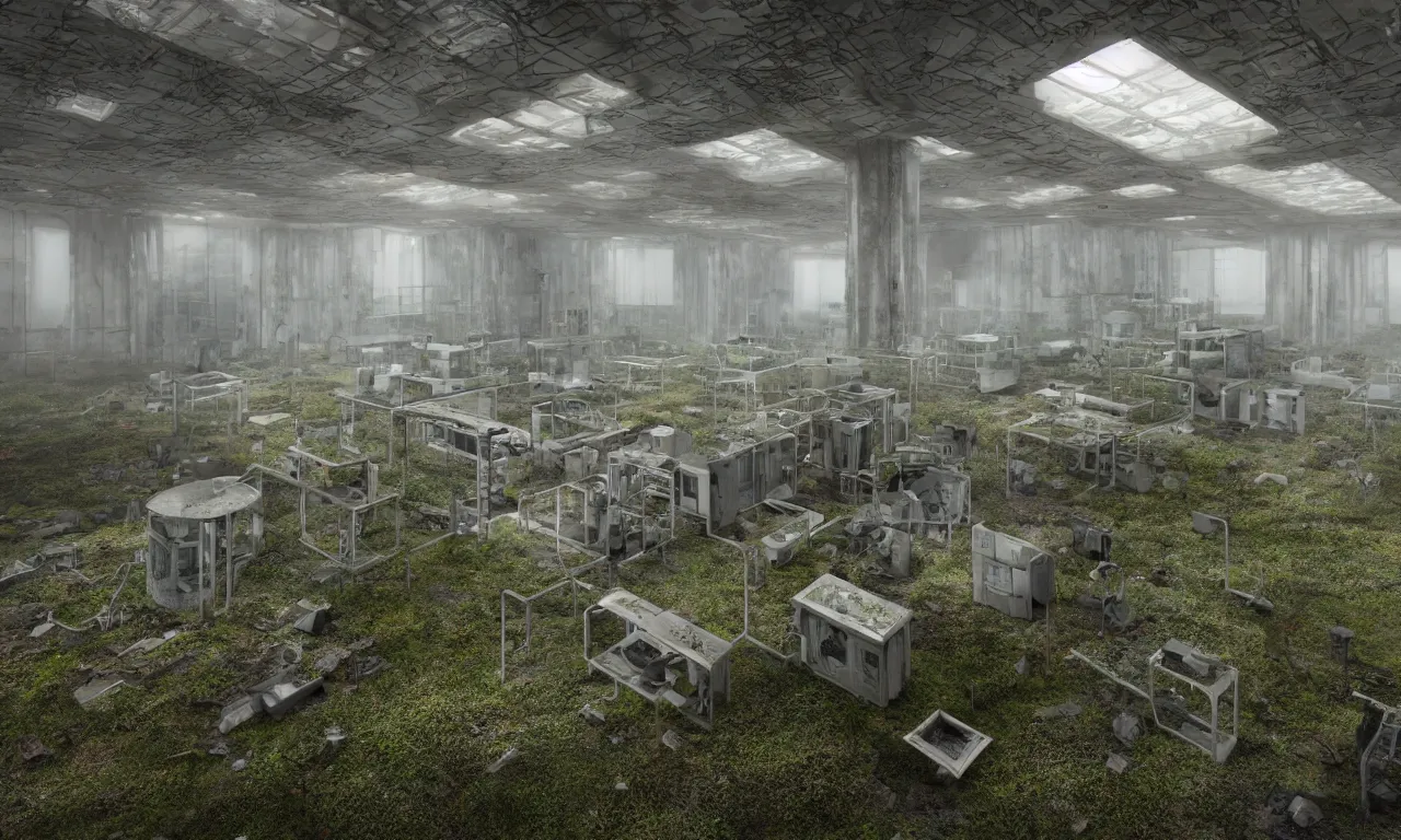 Prompt: an abandoned research facility in a foggy environment with mossy computers, and colored lights on research equipment still functioning | intricate detail, microdisplacement, elaborate design, cgi, volumetric lighting, global illumination