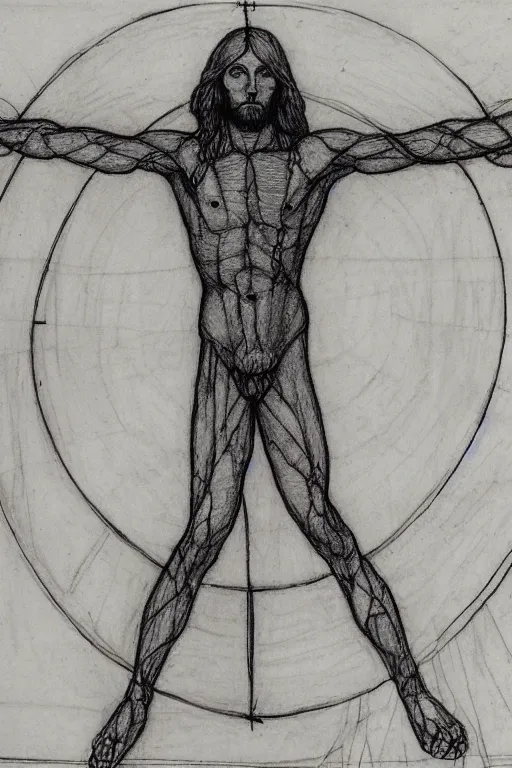 Image similar to jared leto vitruvian man, drawn by leonardo da vinci, sketch, notes