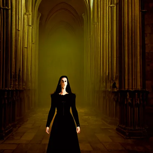 Image similar to jennifer connelly as a vampire in a gothic cathedral at night, gloomy, cinematic, ground mist, volumetric light.