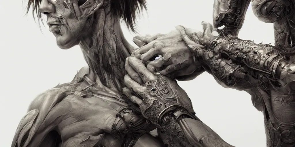 Prompt: hyper realistic photography of a stunningly beautiful cyborg male, elbow, thy, intimate, holding close, in the style of beth cavener, jin kagetsu,, and wlop, highly detailed, intricate filigree,, masterpiece, award winning, sharp focus, concept art, ringflash lighting, ambient lighting, octane render, 8 k, artstation