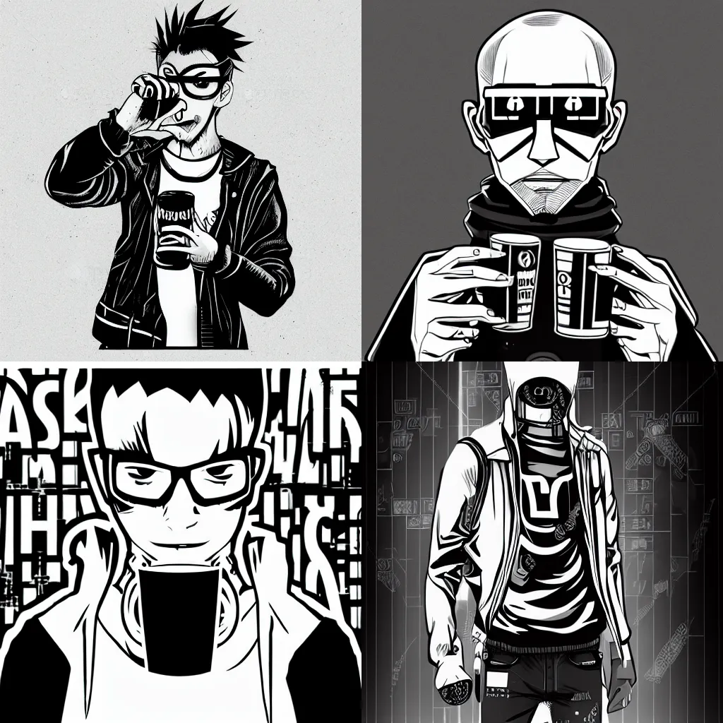 Prompt: edgy hacker man drinking energy drink, cyberpunk, futuristic, sumai-e artstyle, monochrome