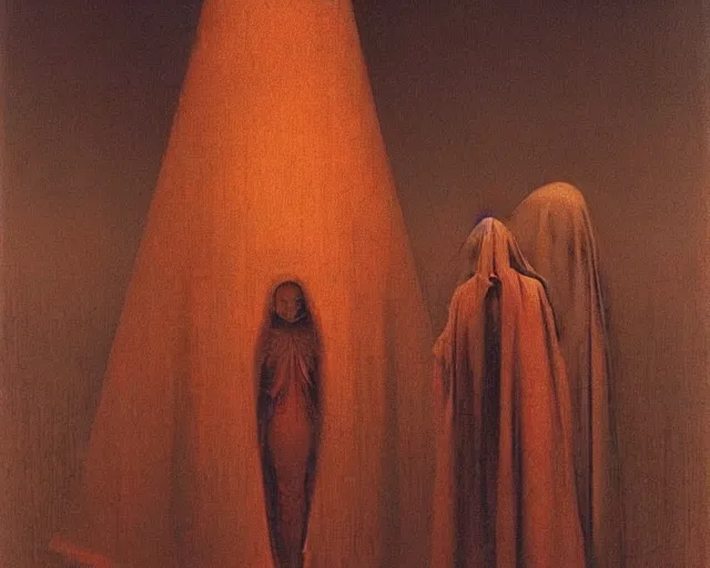 Image similar to by francis bacon, beksinski, mystical redscale photography evocative. devotion to the scarlet woman, priestess in a conical hat, coronation, ritual, sacrament