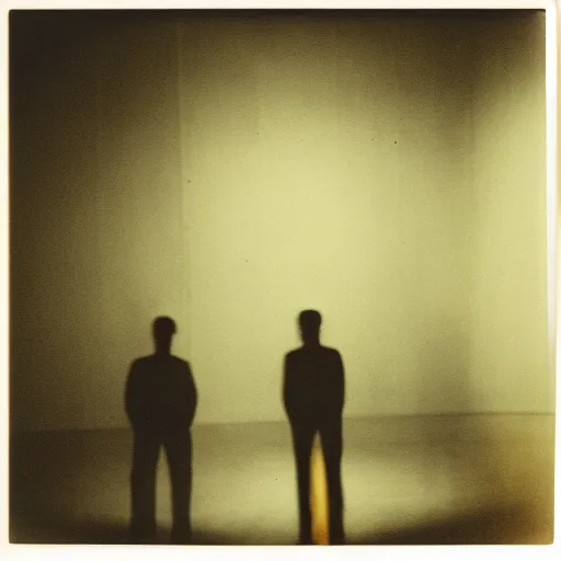 Prompt: Two male silhouettes on an abandoned theatre stage, polaroid picture, colour, bright