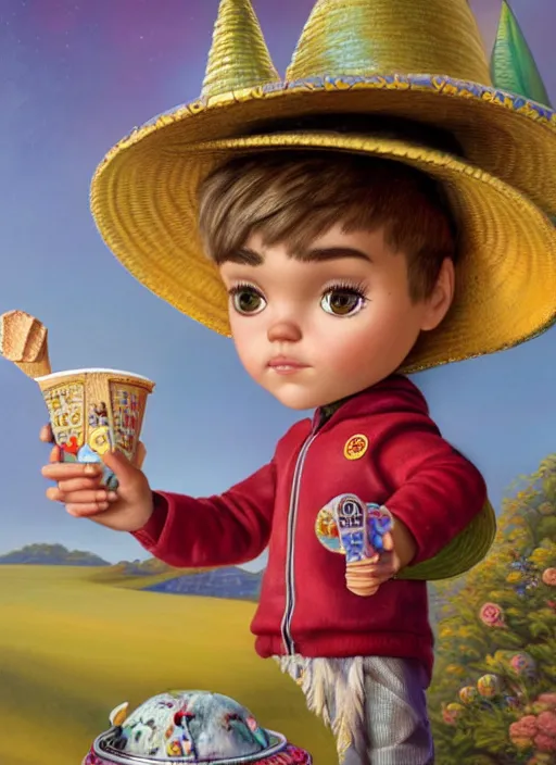 Image similar to highly detailed closeup, face profile portrait of justin bieber as a tin toy fairy - tale wizard wearing a sombrero eating ice cream, unreal engine, nicoletta ceccoli, mark ryden, earl norem, lostfish, global illumination, detailed and intricate environment