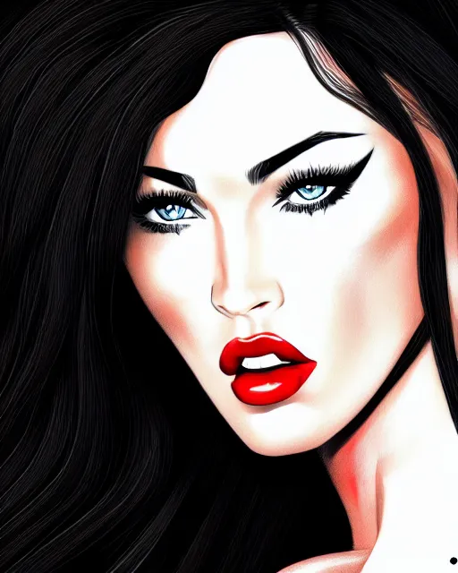 Prompt: closeup portrait beautiful seductive megan fox with long windblown hair in a black party dress, red lipstick, glamour pose, detailed illustration, digital art, trending on artstation, arney freytag, graffiti, gta 5,