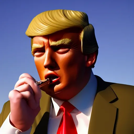 Image similar to a high quality photo of donald trump smoking a cigar, 3d scene, render, ultra realistic, artstation, cgsociety