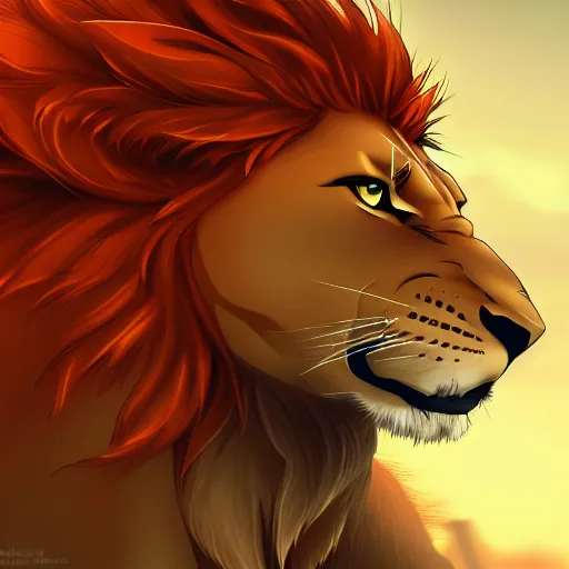 Image similar to portrait of a lion man warrior, fursona, furry art, anthro, light orange fur, detailed long dark orange mane, orange eyes, anime key visual, makoto shinkai