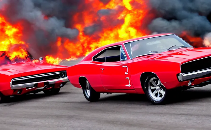 Image similar to a red 1 9 6 8 dodge charger r / tdriving high speed, fire explosion in the background, action scen. realistic. high resolution. dramatic