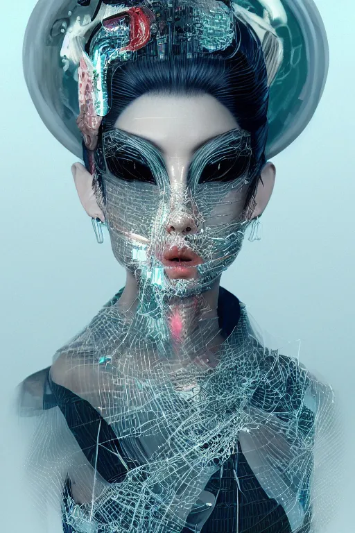 Image similar to A masterpiece portrait of a Incredibly cyber geisha by Ash Thorp, medium shot, intricate, elegant, highly detailed