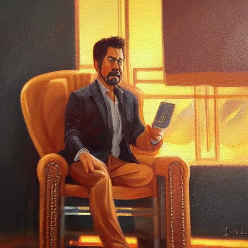 Image similar to detailed oil painting of tony stark sitting in an armchair in a room with the setting sun, by jama jurabaev, brush hard, golden hour