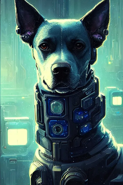 Prompt: a beautiful portrait of a cute cyberpunk dog with blue tinted starfield in the background by greg rutkowski and wlop, digital art, highly detailed, fine detail, intricate, ornate, complex