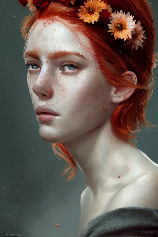 Prompt: A portrait of a beautiful red haired girl with freckles, wearing a flower headpiece, porcelain skin, cinematic lighting, photo realistic, highly detailed, maya, digital painting, artstation, concept art, sharp focus, illustration, by greg rutkowski