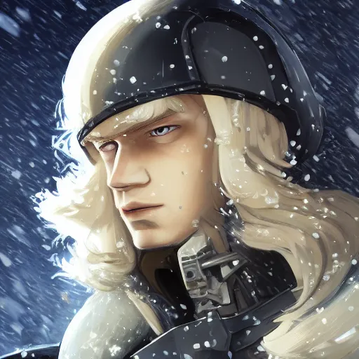 Prompt: portrait of the pale blond MALE soldier Lucius, long curly blond hair, jagged black cyberpunk armor, he is in imperial russian city streets covered in snow, sci fi, night time, ambient lighting, 4k, anime key visual, lois van baarle, ilya kuvshinov, rossdraws, artstation