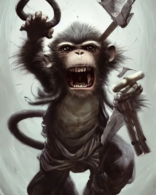 Image similar to Monkey Mad Scientist, laughing, D&D, artstation, fantasy, magic the gathering artwork, cinematic lighting, centered, symmetrical, highly detailed, digital painting, , concept art, smooth, sharp focus, illustration, volumetric lighting, epic Composition, 8k, art by Akihiko Yoshida and Greg Rutkowski and Craig Mullins, oil painting, cgsociety