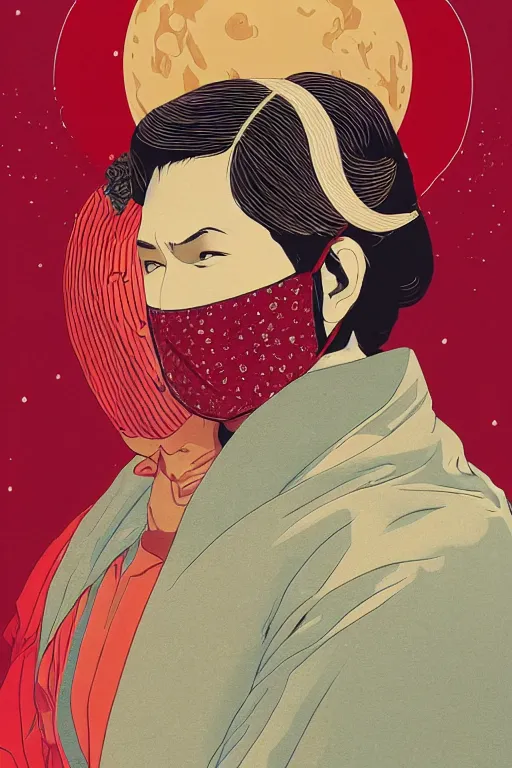 Image similar to portrait of a man with a mask on his face in the form of a spiral in a golden kimono, full face, against the background of a bright red moon, sad motif, by ilya kuvshinov, dramatic, soft colors, futuristic, 8 k