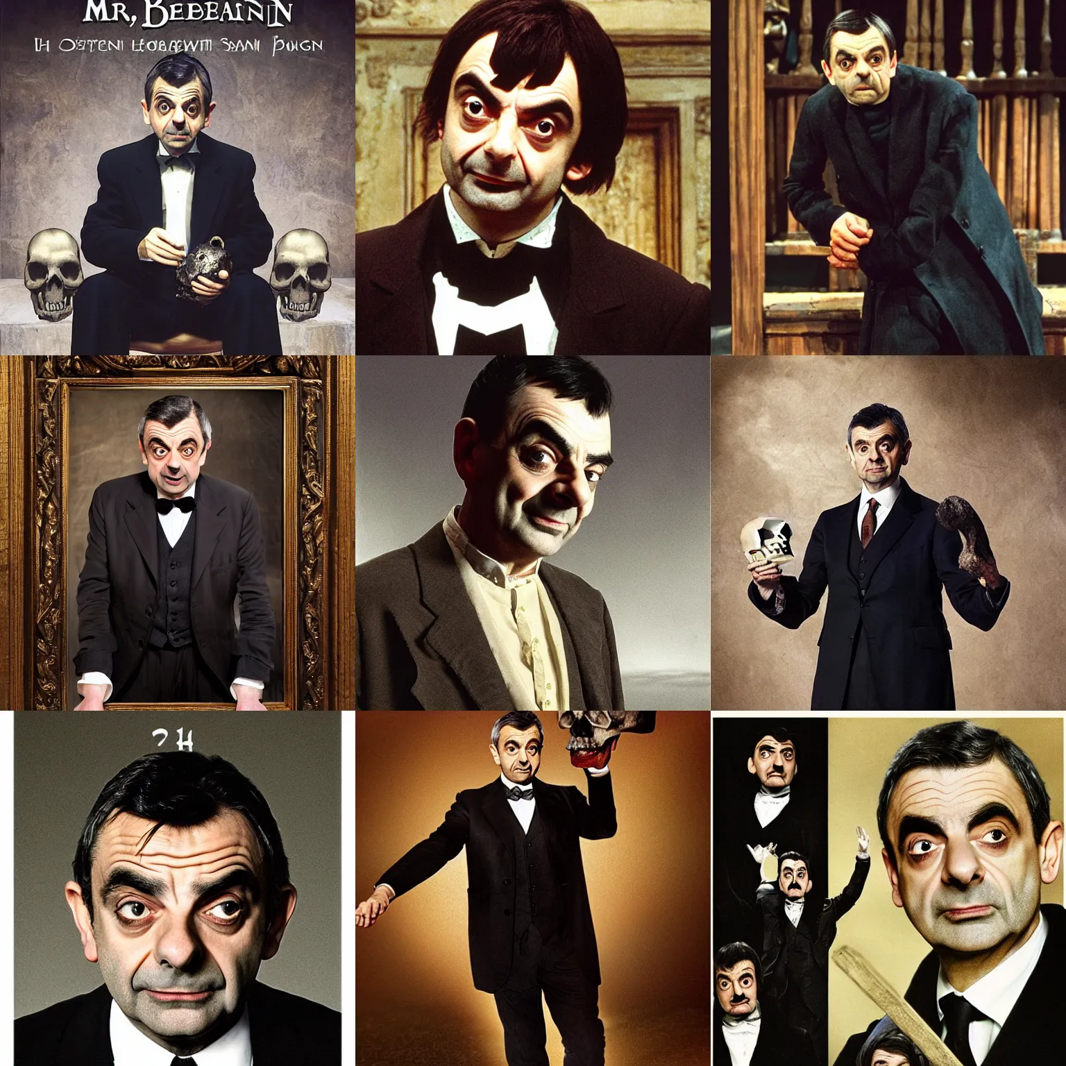 Prompt: mr bean ( rowan atkinson ) plays ( ( ( hamlet ) ) ) with a skull on a stage, dramatic, ( ( stage lights ) ), sharp focus, photorealistic, ( ( theatrical ) ), dramatic, directed by robin lough, inspired by laurence olivier, theater poster made by john everett millais