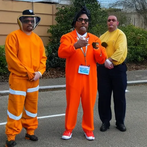 Image similar to inmate with orange suit and wearing a bee head