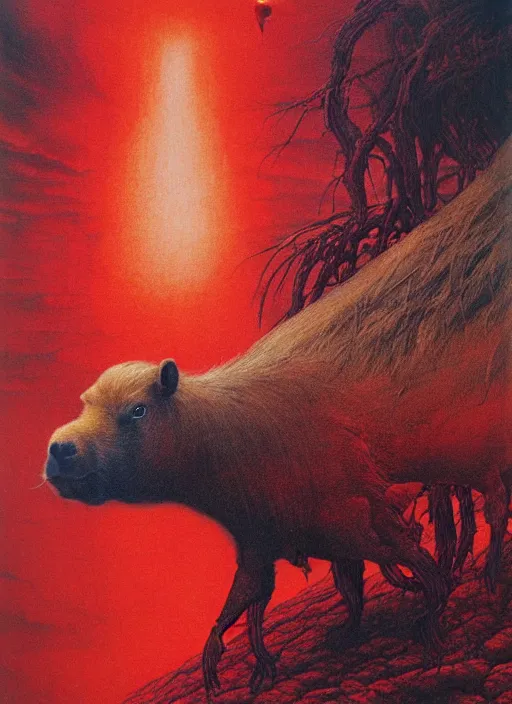 Image similar to a side view of spirit of chthonic demonic capybara with red eyes, on background red lake on fire, highly detailed, art by Ayami Kojima, Beksinski, Giger