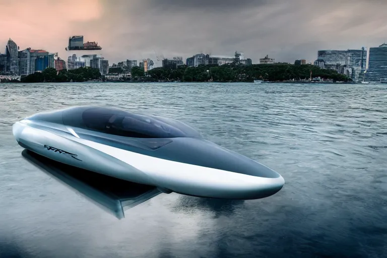 Image similar to futuristic speedboat by Apple, XF IQ4, 150MP, 50mm, f/1.4, ISO 200, 1/160s, natural light, Adobe Photoshop, Adobe Lightroom, DxO Photolab, Corel PaintShop Pro, rule of thirds, symmetrical balance, depth layering, polarizing filter, Sense of Depth, AI enhanced