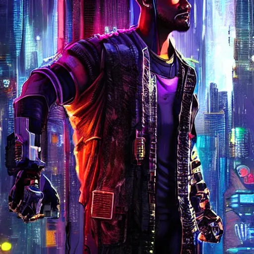 Image similar to cyberpunk will smith character art, epic background, epic composition, hdr, full body gauche painting, arcane art style