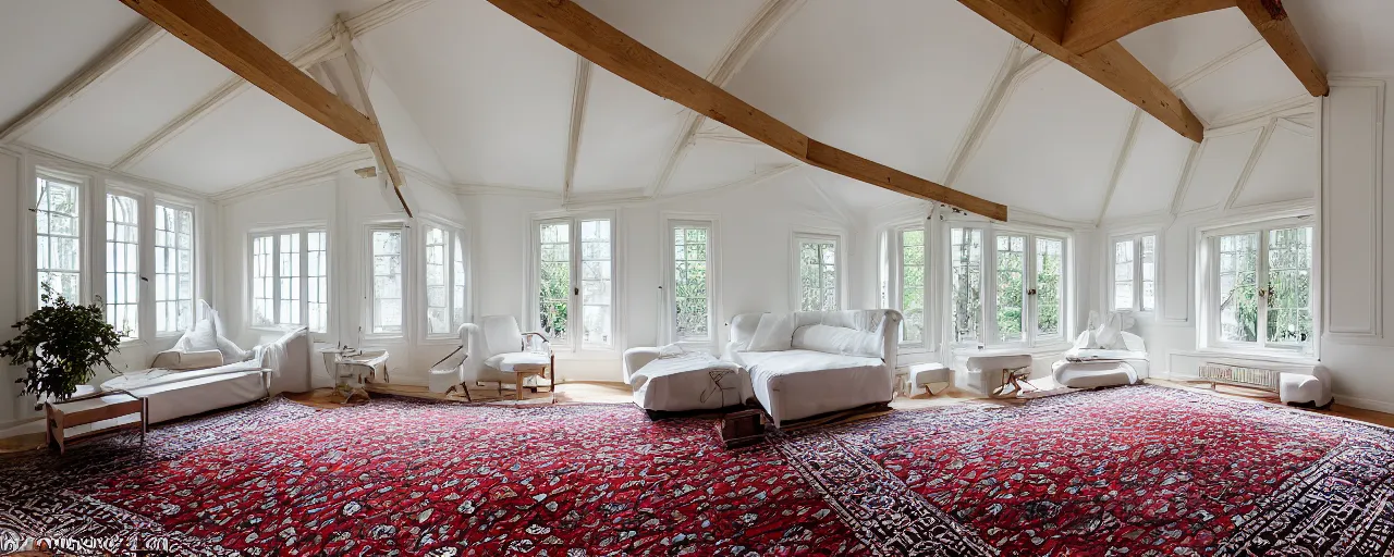 Prompt: low ceiling attic, white painted ceiling, with 2 rectangular windows opposing each other, with a large square window in the back right corner of the room, with exquisite turkish and persian rugs, polished plywood floor, XF IQ4, 150MP, 50mm, F1.4, ISO 200, 1/160s, natural light