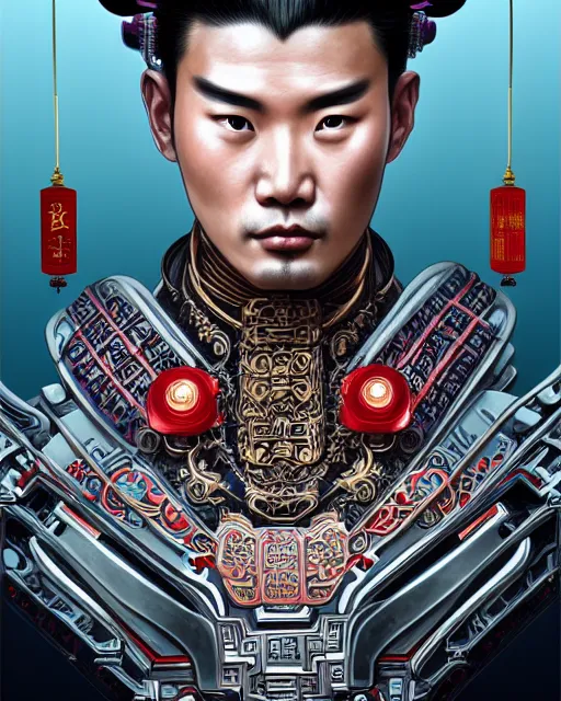 Image similar to portrait of a chinese masculine male cyberpunk machine, machine face, upper half portrait, decorated with chinese opera motifs, muscular, asian, fine china, wuxia, traditional chinese art intricate intense elegant 京 剧 highly detailed symmetry headpiece digital painting artstation concept art smooth sharp focus illustration, art by artgerm and greg rutkowski alphonse mucha 8 k