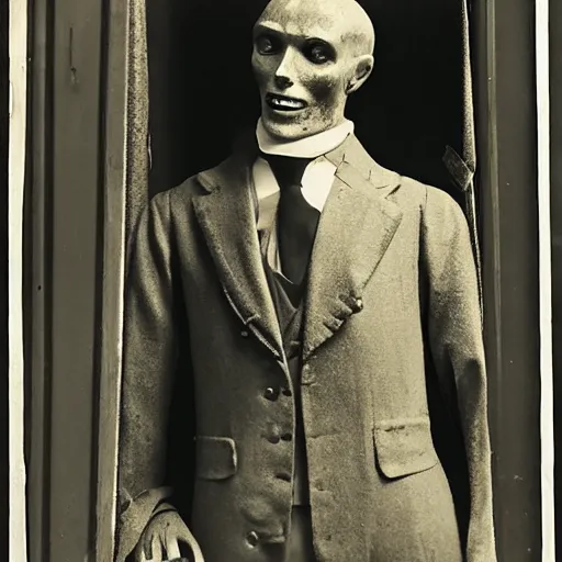 Image similar to 1 9 1 0 paris store window, manikin, suit, wax head, photograph, style of atget, old, creepy, smiling