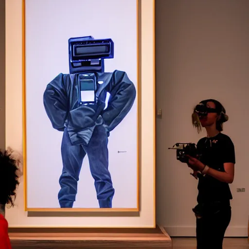 Image similar to art curator looking at a screen with a painting of virtualboy, recursive, on stage in the middle of a fashion show in the style of grand chamaco and stanley kubrick, inspired by y - 3, photorealistic, epic, super technical, cinematic still