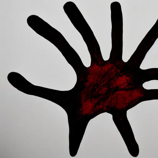 Prompt: drawing of a ten finger hand, drawn with blood on paper
