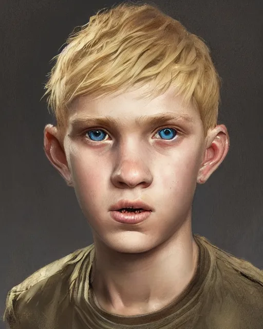 Image similar to portrait of 1 5 - year - old boy with blonde hair, round - face, and slightly buck - toothed, hyper realistic face, beautiful eyes, fantasy art, in the style of greg rutkowski, intricate, hyper detailed, smooth