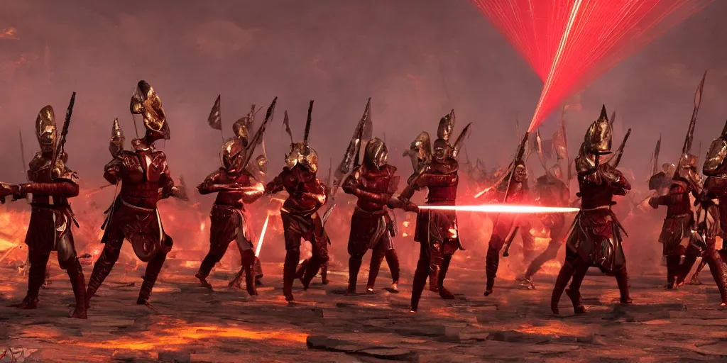 Prompt: futuristic roman army, red and gold with purple lasers, dramatic, cinematic, unreal engine