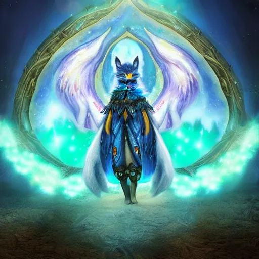 Prompt: painted portrait of a starry blue fox peacock druid wearing magic imbued cotton cloud mage robes with led lights stitched on the fabric to resemble stars, cinematic, forest backdrop, dust particles, god rays, led lights, cotton cloud mage robes, dungeons and dragons, fantasy art, real life, anime, dynamic camera angle