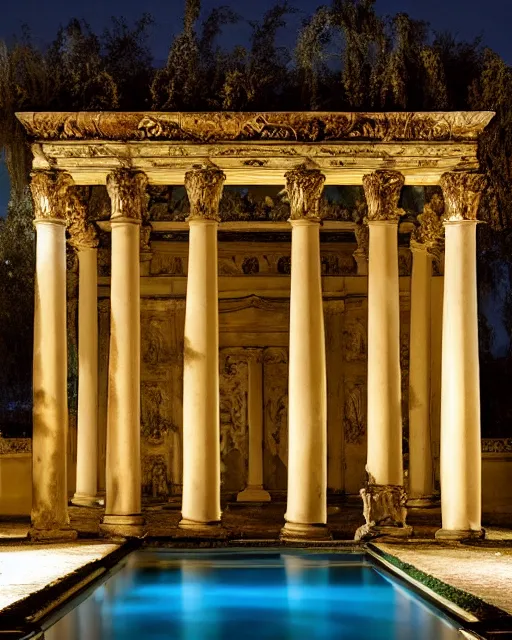 Image similar to photo of beautiful rococo courtyard under moonlight, large glowing moon, pool with rippling reflections, weeping willows and flowers, hellenistic sculptures and grand roman columns, romantic, archdaily,