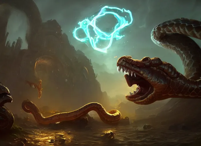 Prompt: giant snake, hearthstone splash art, deiv calviz, splash art, natural light, elegant, intricate, fantasy, atmospheric lighting, by greg rutkowski, hearthstone splash art, hd wallpaper, ultra high details, cinematic composition, professional master piece made in one year