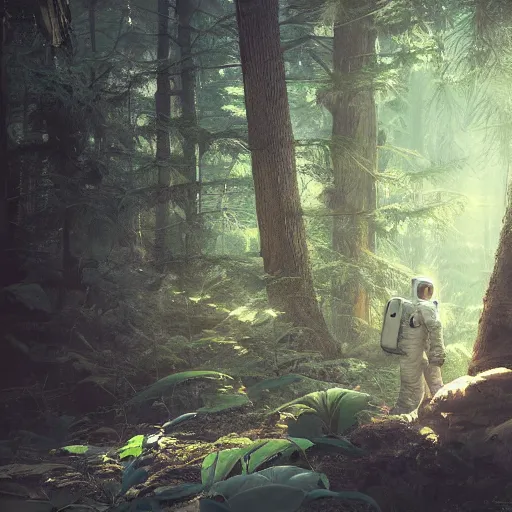 Prompt: american astronaut in the forest, plants environment, wide angle, cinematic lighting, atmospheric, realistic, octane render, highly detailed, cgsociety, in the style of craig mullins