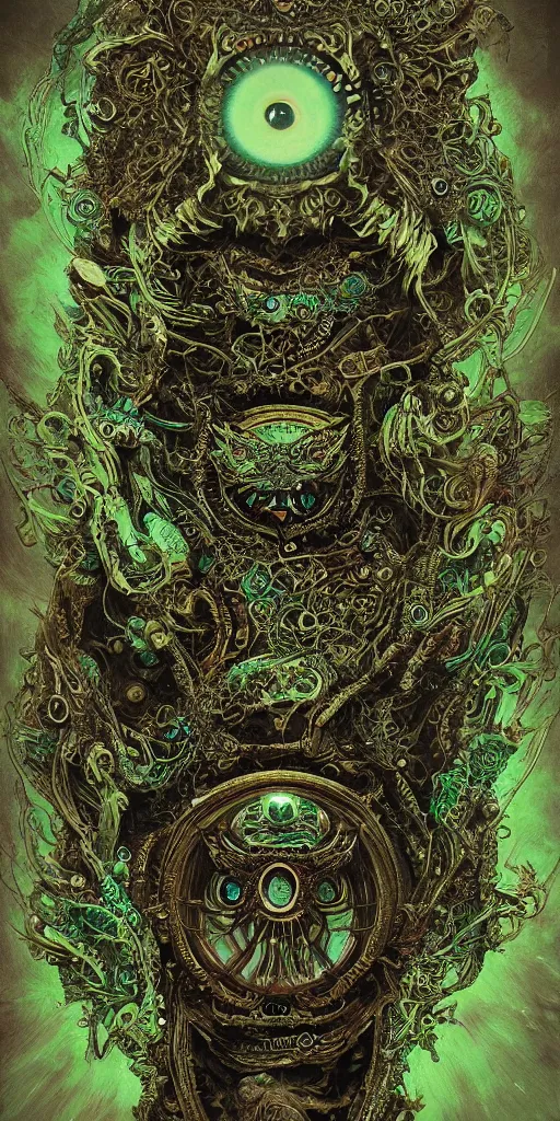 Image similar to intricate ornate of an owl with beautiful green eyes on a psychedelic journey, sacred, ethereal, Tsutomu Nihei, by Emil Melmoth, Zdzislaw Beksinski, yoji shinkawa, pete morbacher, hyper detailed, high detail, artstation, octane, unreal engine